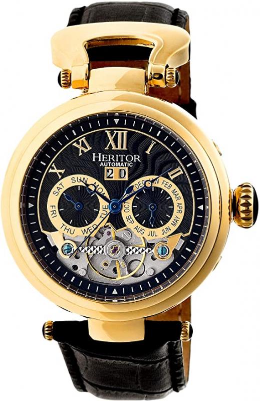 Heritor Automatic Ganzi Semi-Skeleton Leather-Band Watch - Gold/Black